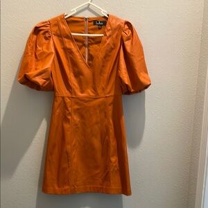 Lulu's Orange A-Line Mini Dress with Puff Sleeves
